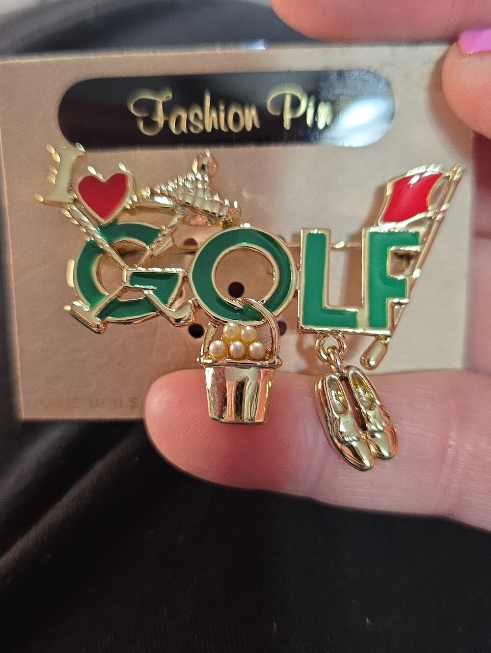 Gold-tone 'I Love Golf' Enamel Pin with Charms